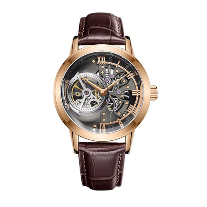 OBLVLO Top Brand Casual Mens Skeleton Dial Genuine Leather Watch
