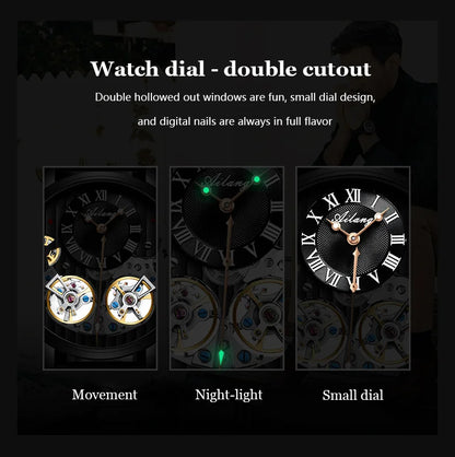 AILANG Double Tourbillon Automatic Flying Waterproof Relogio Leather Men Wristwatch