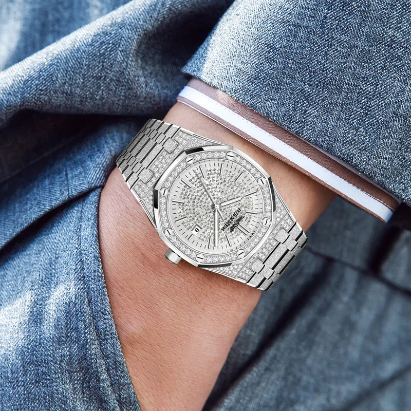 HAEMMER Luxury Fashion Men's Automatic Frame Original Silver Waterproof Clock Relogio Mechanical Watch