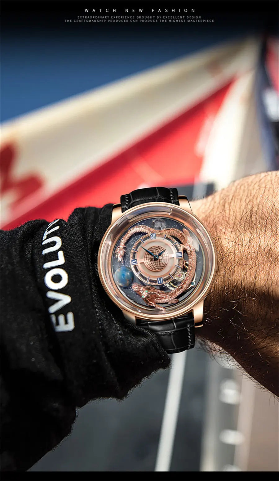 PINDU Design Art astronomique Sculpture Traditionnelle Artisanat Dragon dor en Trois Dimensions Men Watch