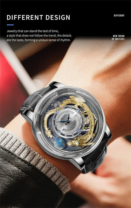 PINDU Design Art astronomique Sculpture Traditionnelle Artisanat Dragon dor en Trois Dimensions Men Watch