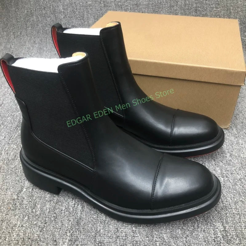 Classic Black Genuine Leather Spliced Elastic Knitted Men Ankle Boots