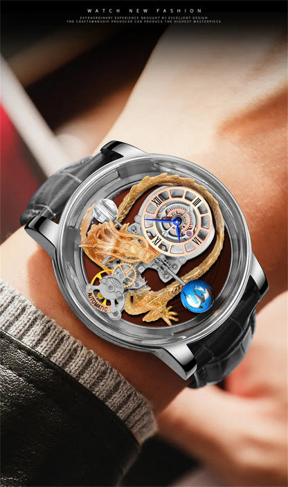 PINDU Design Art astronomique Sculpture Traditionnelle Artisanat Dragon dor en Trois Dimensions Men Watch