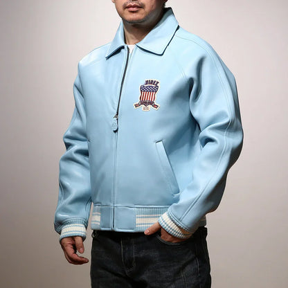 Fat plus size casual sports leather flight suit jacket men's European and American lapel sheepskin tops