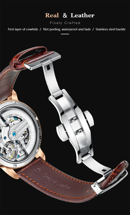 AILANG Double Tourbillon Automatic Flying Waterproof Relogio Leather Men Wristwatch