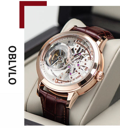 OBLVLO Top Brand Casual Mens Skeleton Dial Genuine Leather Watch