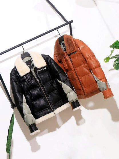 Brand new mens genuine leather jacket|winter warm white duck down coat|Wool classic B3 style fur jacket.