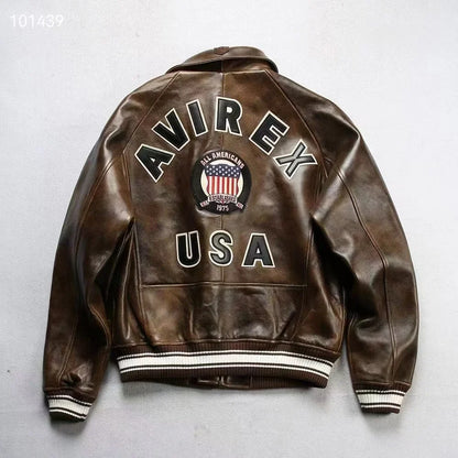 Plus Size Men's Leather Flight Jacket - Casual Sheepskin Coat