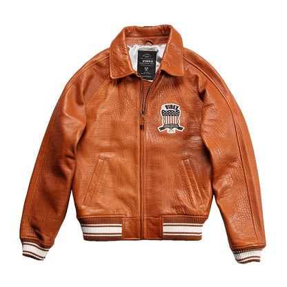 Plus Size Men's Leather Flight Jacket - Casual Sheepskin Coat