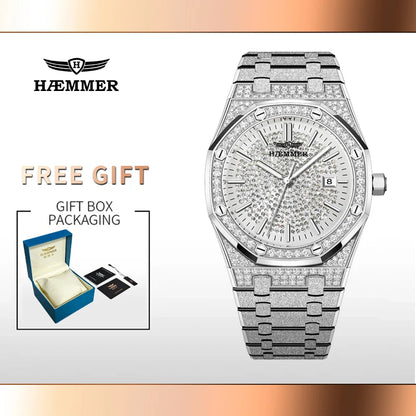 HAEMMER Luxury Fashion Men's Automatic Frame Original Silver Waterproof Clock Relogio Mechanical Watch