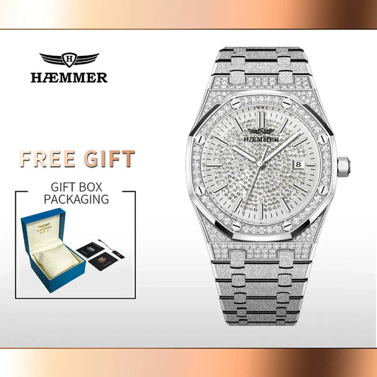 HAEMMER Luxury Fashion Men's Automatic Frame Original Silver Waterproof Clock Relogio Mechanical Watch