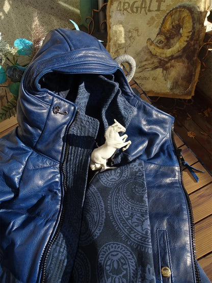 Batik horsehide cotton men women hat diagonal zipper horseshoe sleeve leather coat