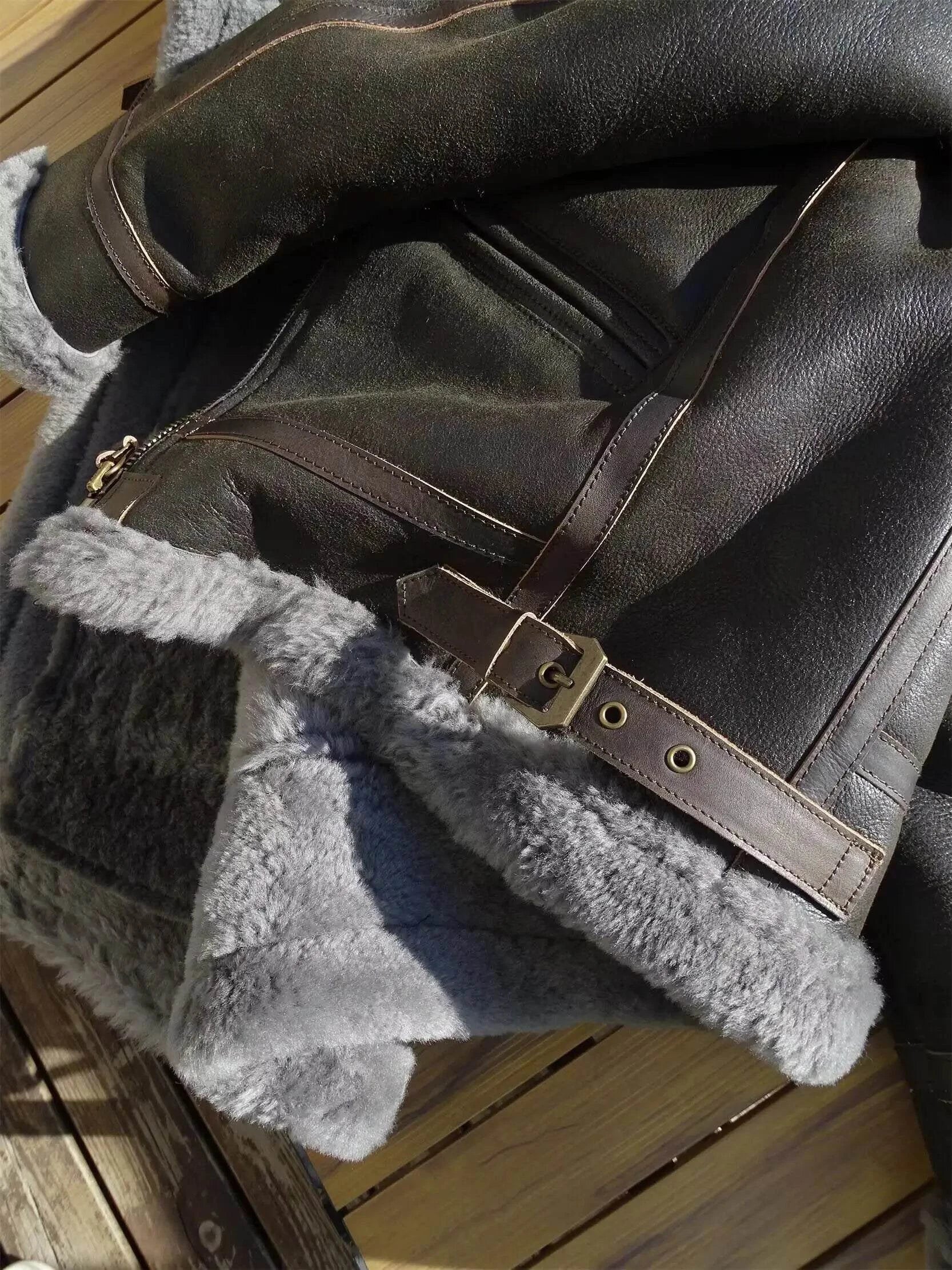 100 Percent Real Sheepskin Shearling Winter Men's Leather Coat