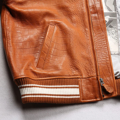 Fat plus size casual sports leather flight suit jacket men's European and American lapel sheepskin tops