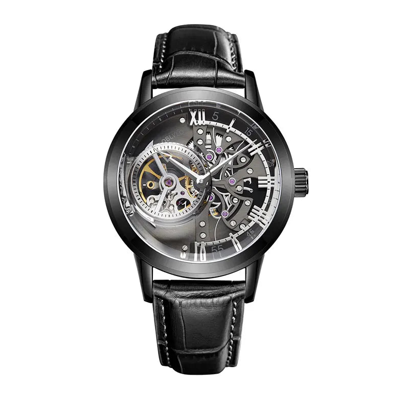 OBLVLO Top Brand Casual Mens Skeleton Dial Genuine Leather Watch