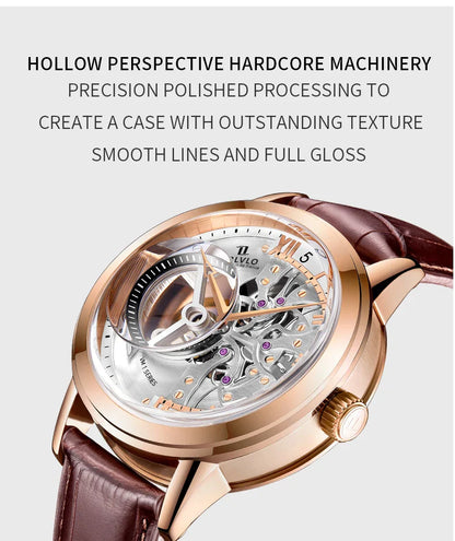 OBLVLO Top Brand Casual Mens Skeleton Dial Genuine Leather Watch
