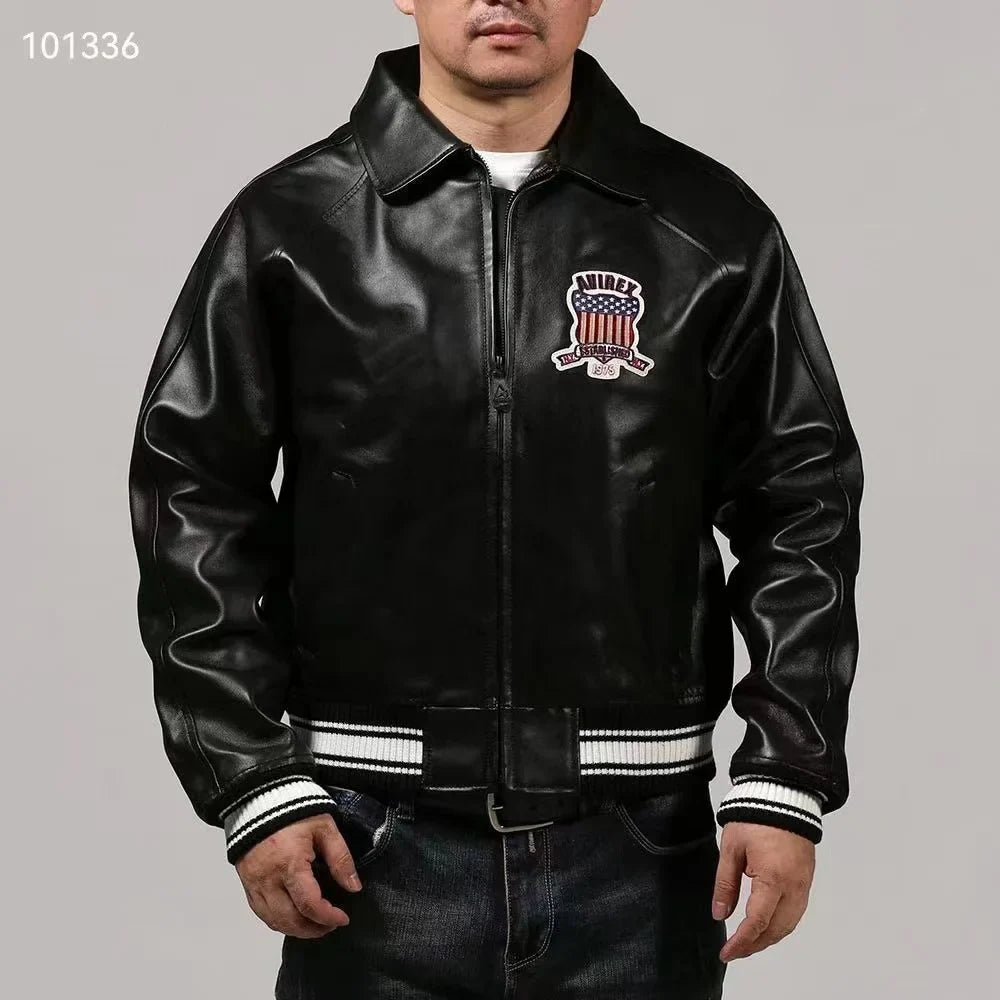 Fat plus size casual sports leather flight suit jacket men's European and American lapel sheepskin tops