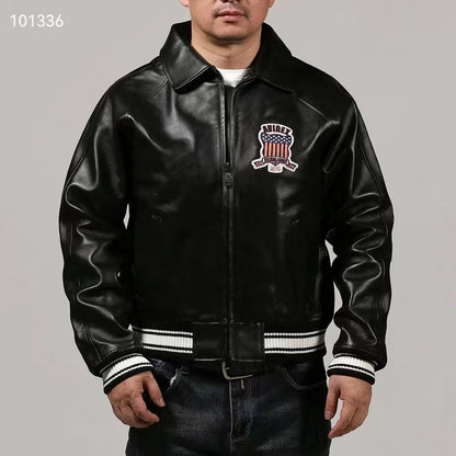 Fat plus size casual sports leather flight suit jacket men's European and American lapel sheepskin tops