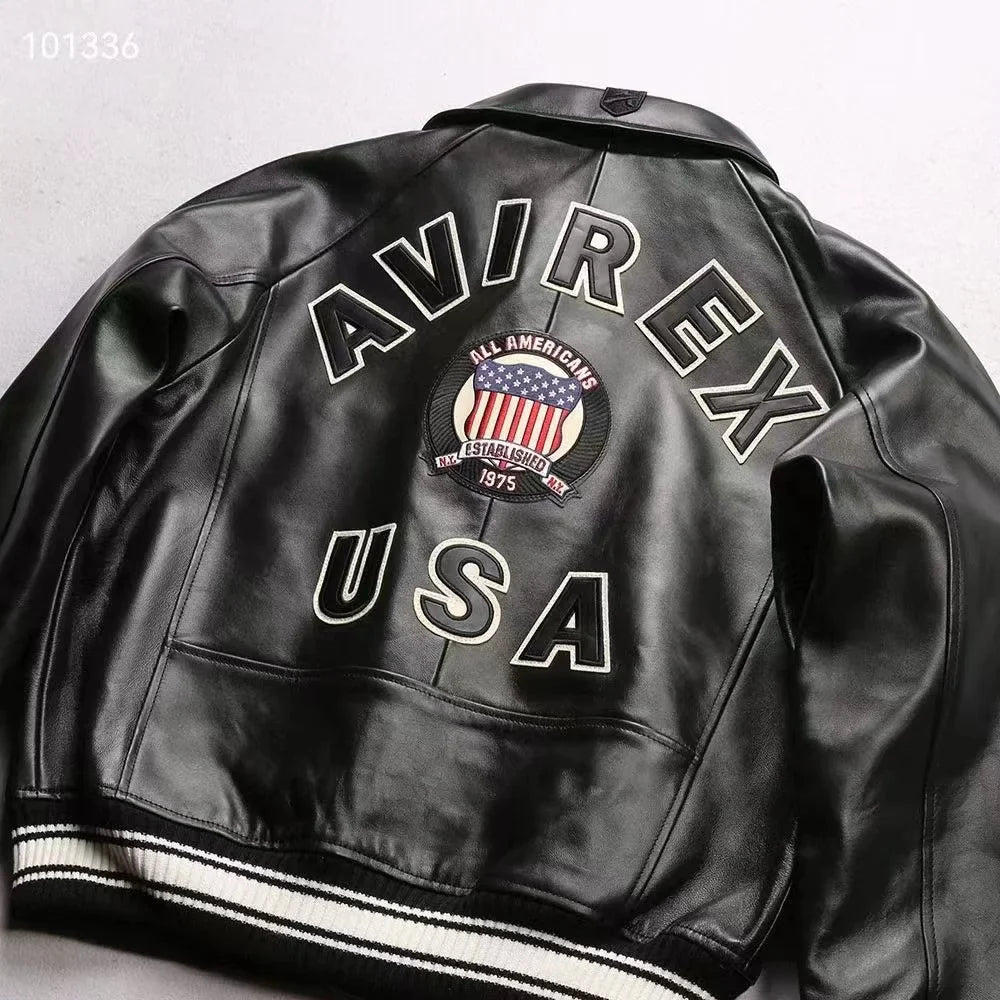 Fat plus size casual sports leather flight suit jacket men's European and American lapel sheepskin tops