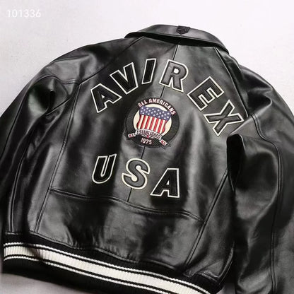 Fat plus size casual sports leather flight suit jacket men's European and American lapel sheepskin tops