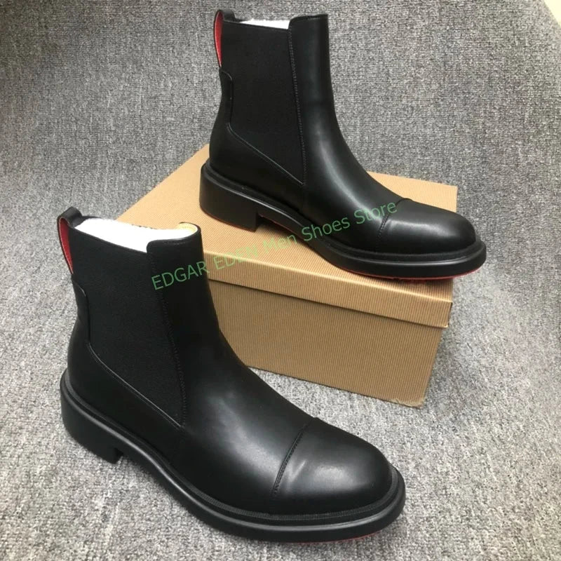 Classic Black Genuine Leather Spliced Elastic Knitted Men Ankle Boots