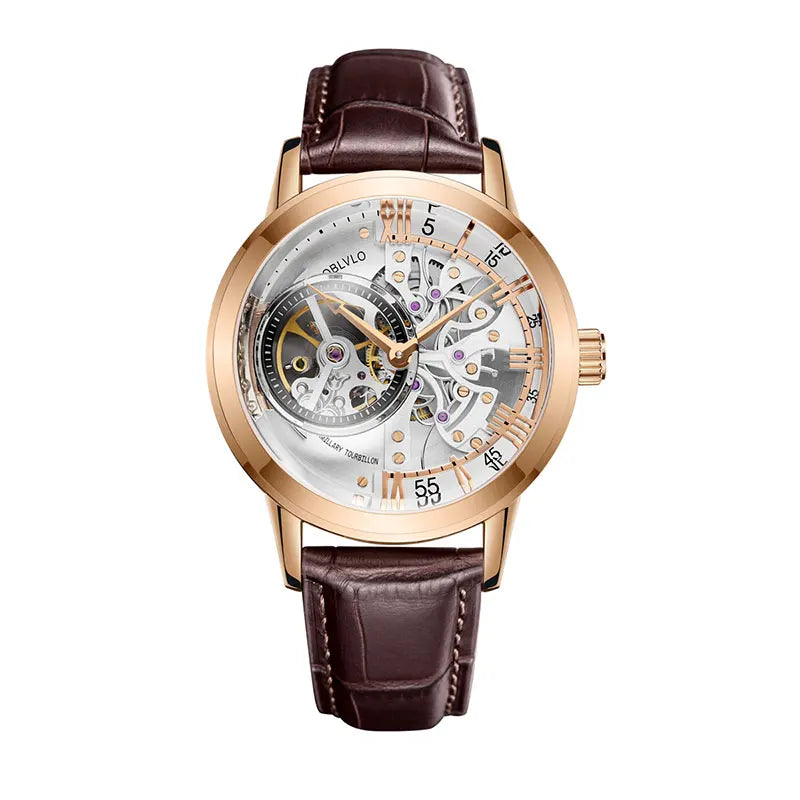 OBLVLO Top Brand Casual Mens Skeleton Dial Genuine Leather Watch