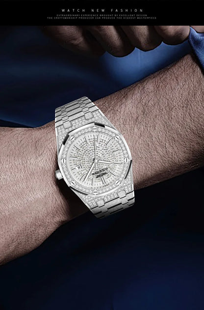 HAEMMER Luxury Fashion Men's Automatic Frame Original Silver Waterproof Clock Relogio Mechanical Watch