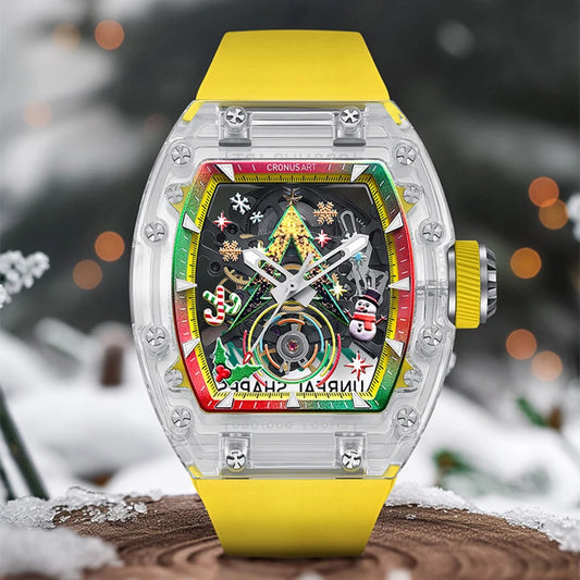 CRONUSART Tonneau Mechanical Acrylic Case Luminous Fluororubber Strap Wristwatch