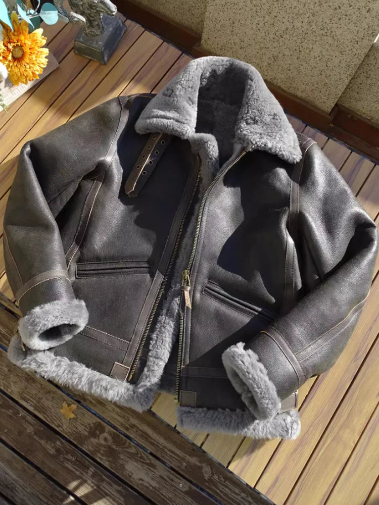 100 Percent Real Sheepskin Shearling Winter Men's Leather Coat