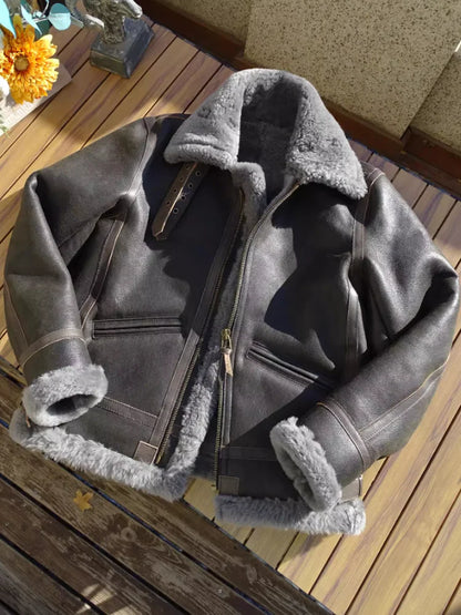 100 Percent Real Sheepskin Shearling Winter Men's Leather Coat
