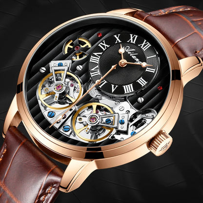 AILANG Double Tourbillon Automatic Flying Waterproof Relogio Leather Men Wristwatch