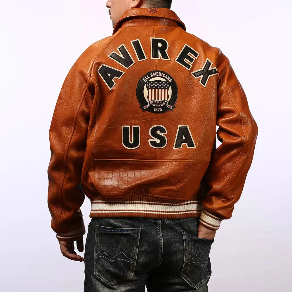 Fat plus size casual sports leather flight suit jacket men's European and American lapel sheepskin tops