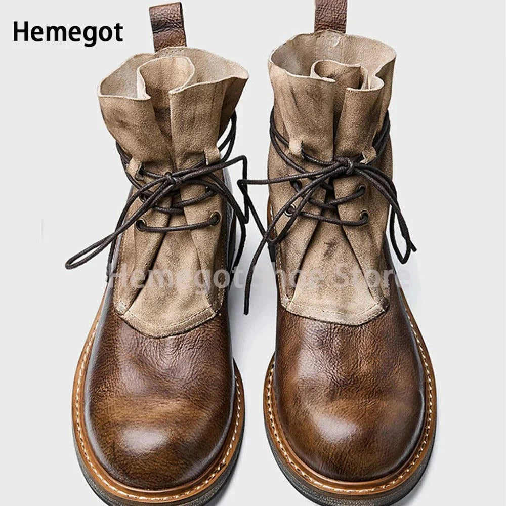 Vintage Round Toe Handmade Leather Cowhide Boots for Men