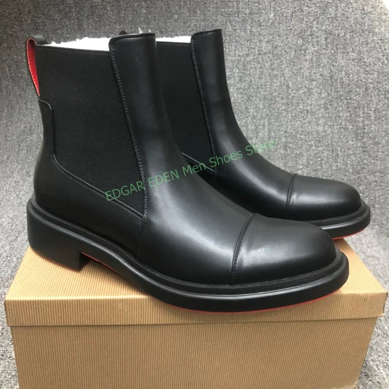 Classic Black Genuine Leather Spliced Elastic Knitted Men Ankle Boots