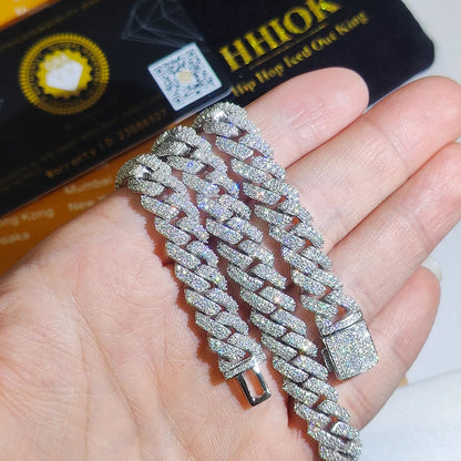 Diamond Hip Hop Jewelry VVS1 Stone Shiny 2row 3row Unisex 925 Sterling Silver Necklace Moissanite Chain