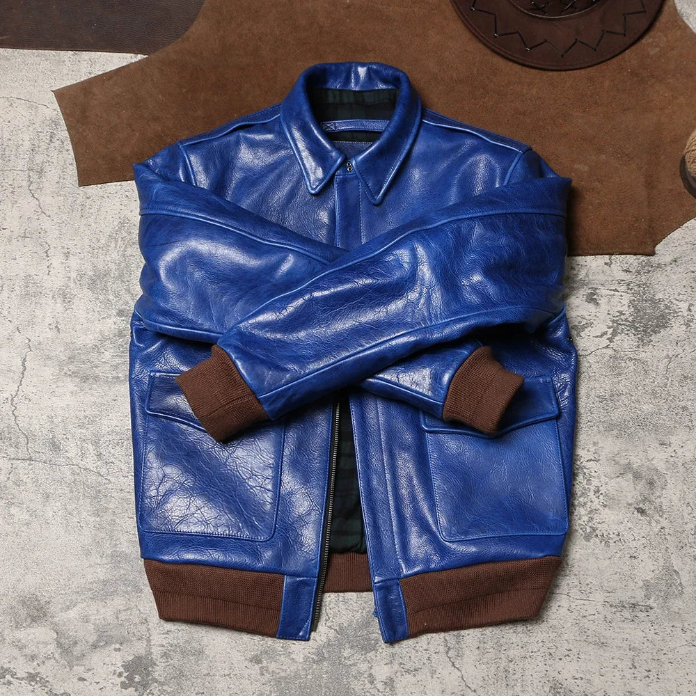 Wax Feel Unpainted Indigo Dyed Cowhide Jacket