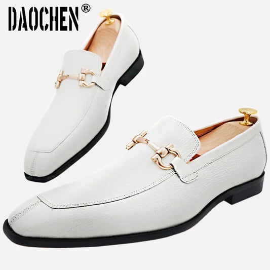 Luxury Men Leather Black White Horsebit Loafers Slip on Dress Shoes