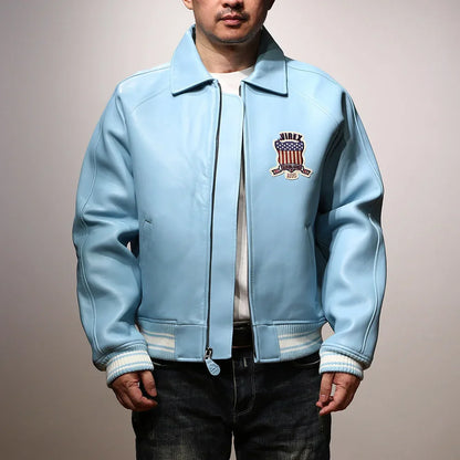 Fat plus size casual sports leather flight suit jacket men's European and American lapel sheepskin tops