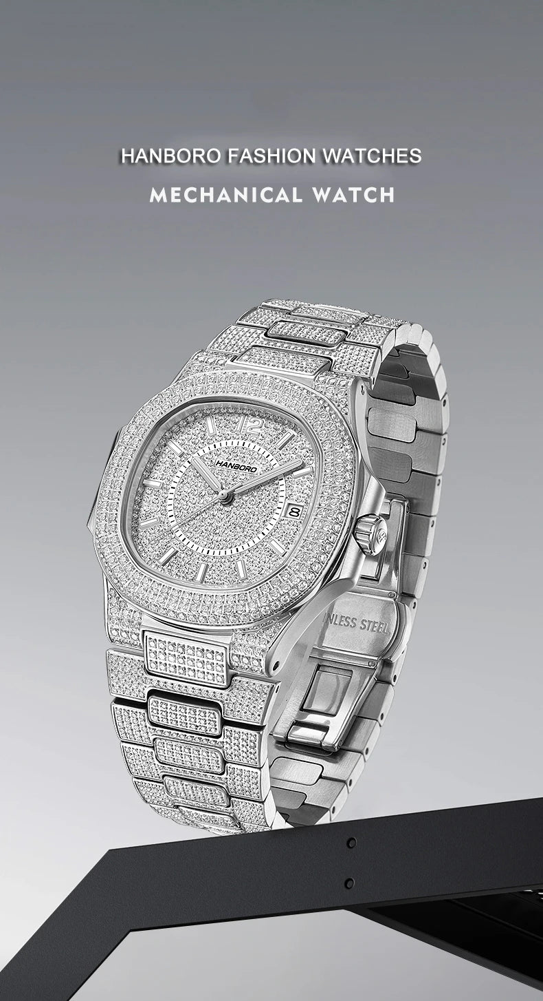 HANBORO Men Automatic Watch 38mm Luxury Mechanical Wristwatch Luminous 50M Waterproof Miyota 8215 Crystal Case