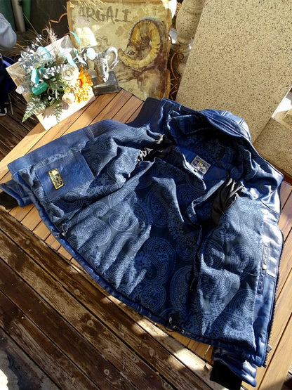 Batik horsehide cotton men women hat diagonal zipper horseshoe sleeve leather coat