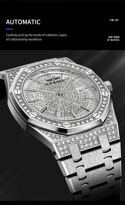HAEMMER Luxury Fashion Men's Automatic Frame Original Silver Waterproof Clock Relogio Mechanical Watch