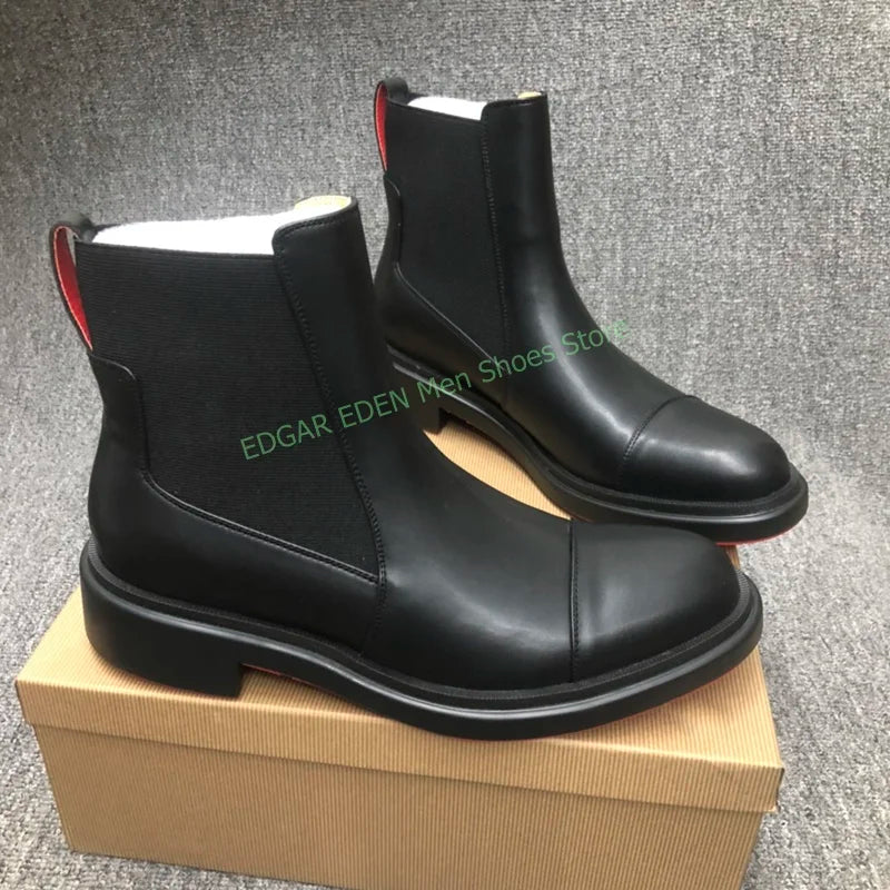 Classic Black Genuine Leather Spliced Elastic Knitted Men Ankle Boots
