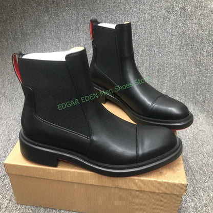 Classic Black Genuine Leather Spliced Elastic Knitted Men Ankle Boots