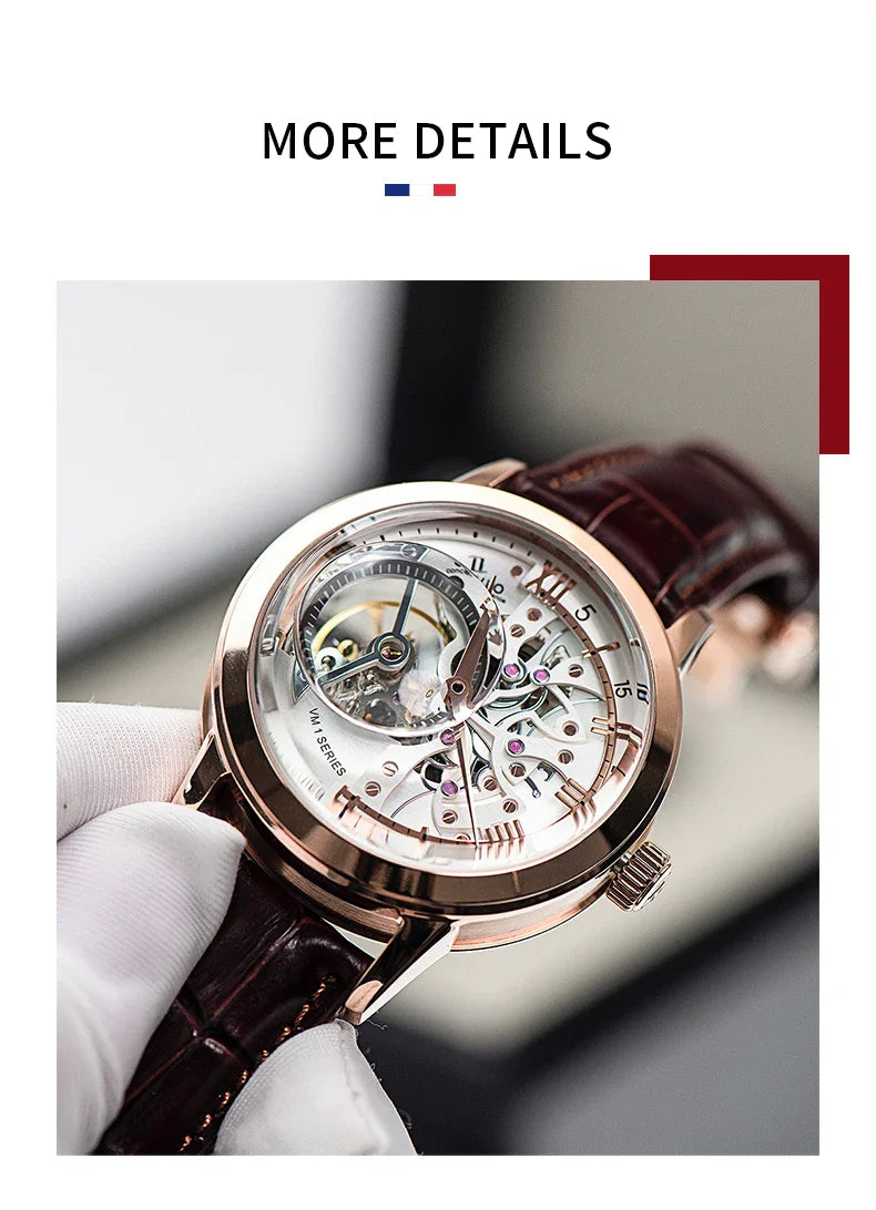 OBLVLO Top Brand Casual Mens Skeleton Dial Genuine Leather Watch