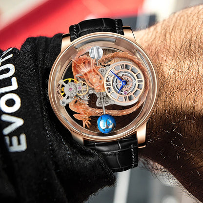 PINDU Design Art astronomique Sculpture Traditionnelle Artisanat Dragon dor en Trois Dimensions Men Watch