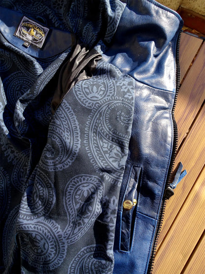 Batik horsehide cotton men women hat diagonal zipper horseshoe sleeve leather coat