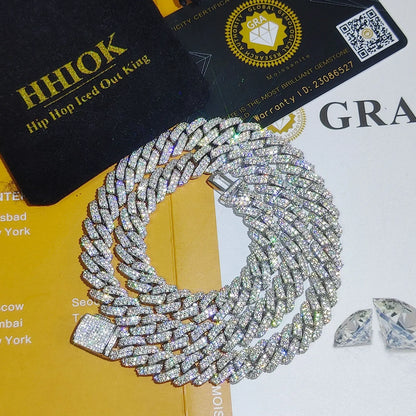 Diamond Hip Hop Jewelry VVS1 Stone Shiny 2row 3row Unisex 925 Sterling Silver Necklace Moissanite Chain