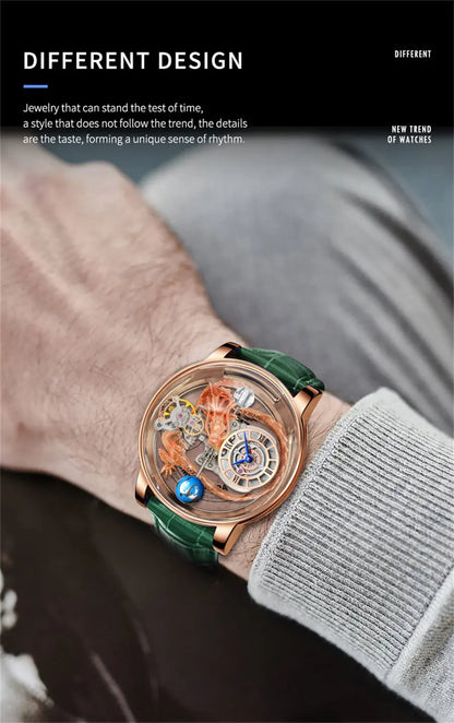 PINDU Design Art astronomique Sculpture Traditionnelle Artisanat Dragon dor en Trois Dimensions Men Watch