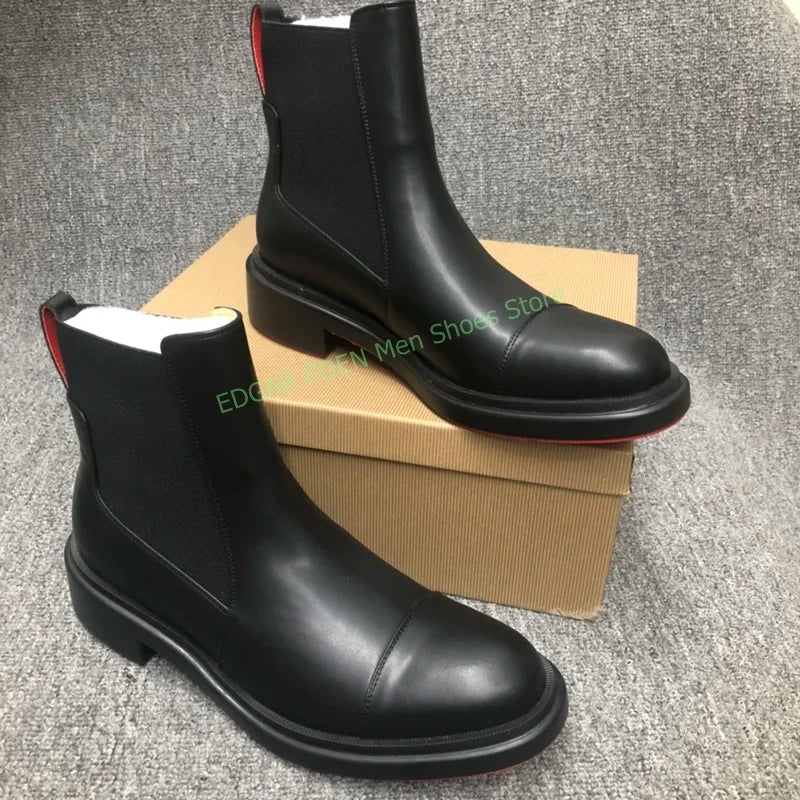 Classic Black Genuine Leather Spliced Elastic Knitted Men Ankle Boots